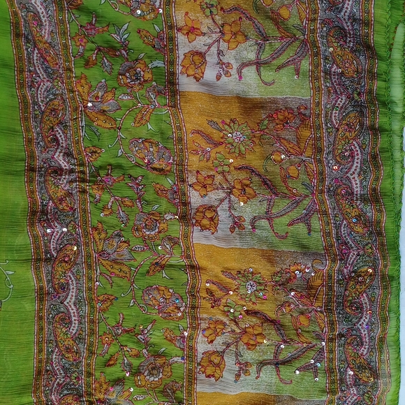 Chartreuse Green Floral & Sequin Sari Wrap - Picture 2 of 9